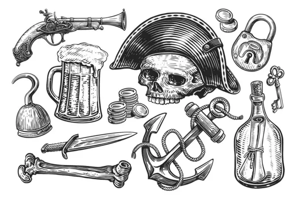 Pirate Concept Hand Drawn Objects Engraving Style Sketch Illustration — Stock Vector