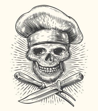 Şef kafatası vektör çizimi. Aşçı şapkalı sırıtan kafatası ve çapraz barbekü aletleri