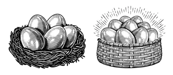 チキンの卵 農業オーガニック食品セット 手描きのスケッチイラストの彫刻スタイル — ストックベクタ