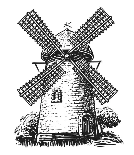 Alte Bauernwindmühle Skizzenstichstil Handgezeichnete Mühlenvektorillustration — Stockvektor