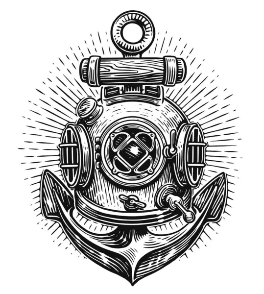 ダイビングヘルメットと船アンカー 海洋エンブレム 手描きのスケッチヴィンテージイラストの彫刻スタイル — ストックベクタ