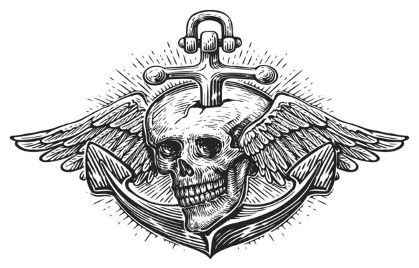 翼のあるアンカーと人間の頭蓋骨 スケッチ彫刻スタイル 自由の象徴 ヴィンテージベクターイラスト — ストックベクタ
