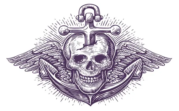 Old Ship Anchor Skull Wings Hand Drawn Vintage Vector Illustration — Archivo Imágenes Vectoriales