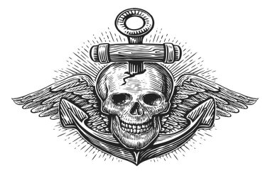 Çapa ve kanatlı insan kafatası. Klasik illüstrasyon taslak çizim biçimi