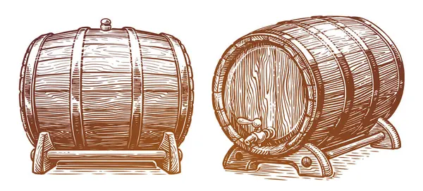 Wooden Barrel Oak Cask Sketch Engraving Style Hand Drawn Vintage — Stock Vector