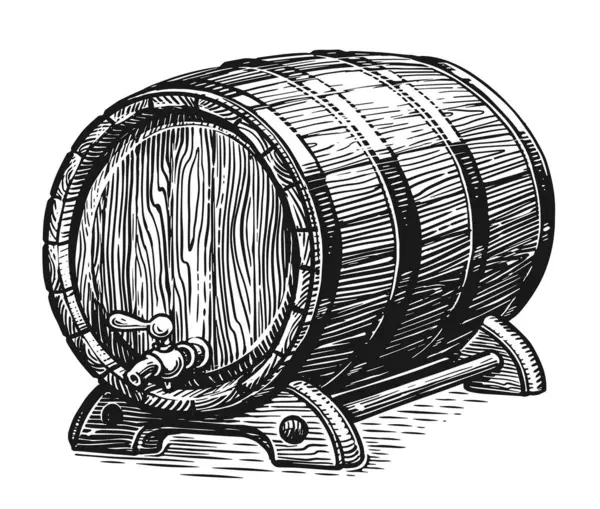 ワイン ビール ウイスキーのためのタップ付きの木製バレル 手描きのスケッチヴィンテージイラストの彫刻スタイル — ストック写真