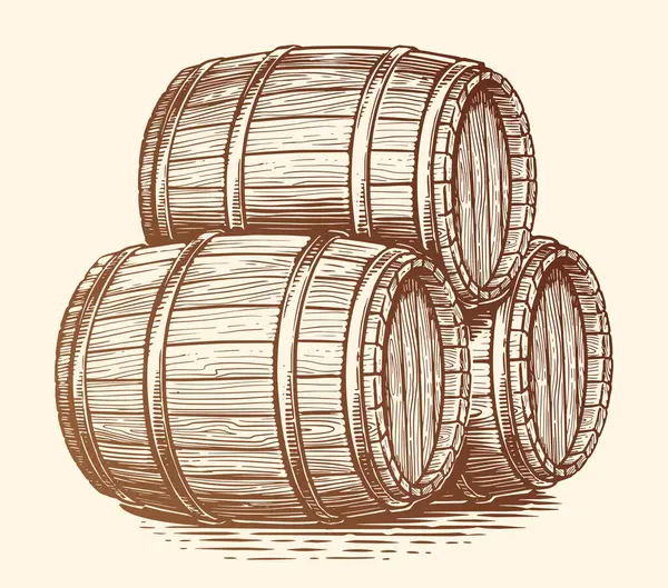 Three Wood Barrels Alcoholic Beverages Oak Kegs Wine Beer Hand — Stock Vector