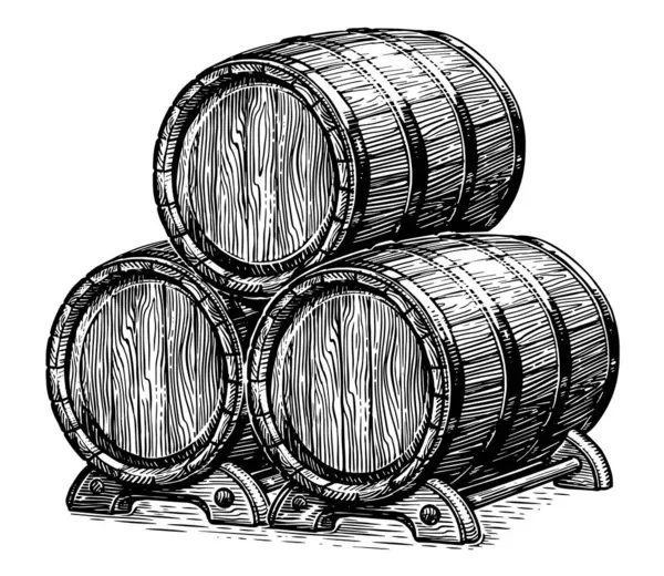 Three Oak Barrels Alcoholic Beverages Wood Kegs Wine Beer Hand — Stock Vector