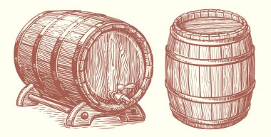 Meşe fıçısı, elle çizilmiş vektör çizimi. Tahta fıçı, fıçı çizimi.