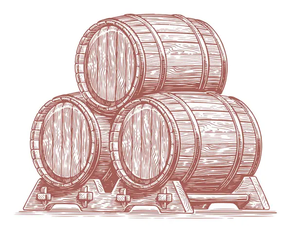 Three Oak Barrels Alcoholic Beverages Wood Casks Kegs Wine Beer — Stock Vector