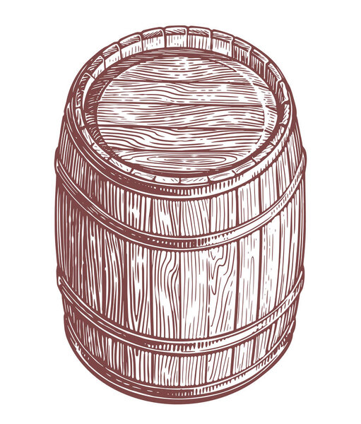 Ручной рисунок деревянной бочки на белом фоне. Винтажный векторный рисунок бочонка