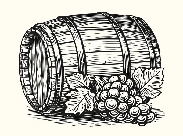 Куча Винограда Дубовая Бочка Ручная Рисованная Векторная Иллюстрация — стоковый вектор