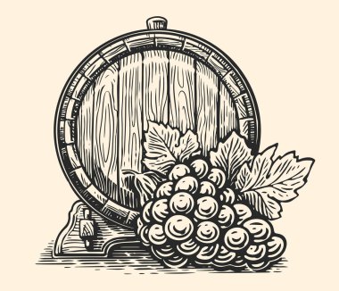 El yapımı üzüm ve eski ahşap şarap fıçısı. Meşe fıçısı skeci. Vintage vektör illüstrasyonu