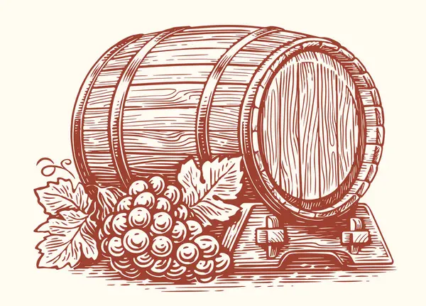 ベクトル手描きグレープと古い木製ワインバレル オークバレルのスケッチ ヴィンテージイラスト — ストックベクタ