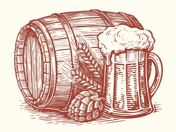 ホップと小麦の耳が付いた木製の樽とガラス製のビールのマグカップ ブルワリー パブスケッチヴィンテージベクターイラスト — ストックベクタ