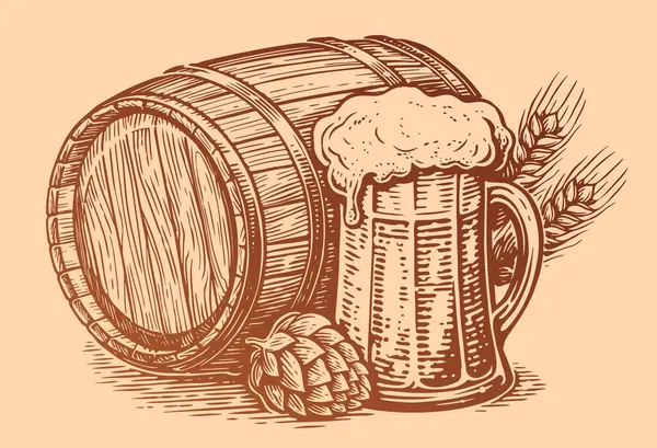 Taza Cerveza Dibujada Mano Barril Madera Ilustración Vectorial Boceto Vintage — Vector de stock