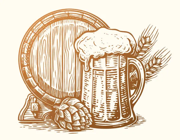 手描きの木製の樽とビールのマグカップ ブルワリー パブスケッチヴィンテージベクターイラスト — ストックベクタ