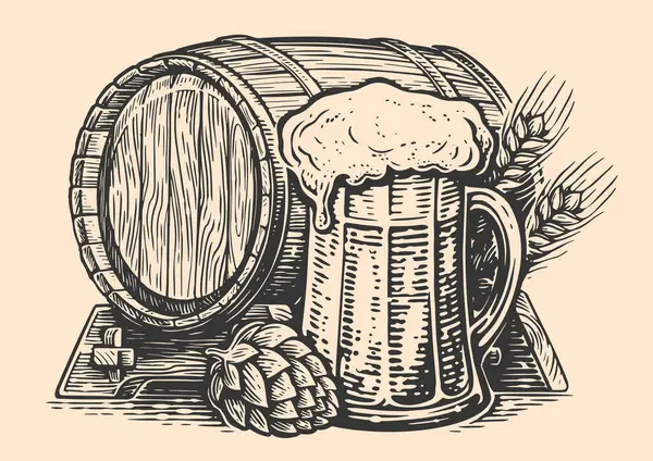 マグとビールのバレル 手描きのスケッチスタイル 醸造所ベクターのイラスト — ストックベクタ