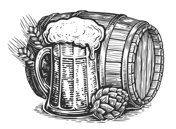 酒桶和杯子里的啤酒 素描风格 酿酒厂或餐馆菜单的手绘插图 — 图库矢量图片#