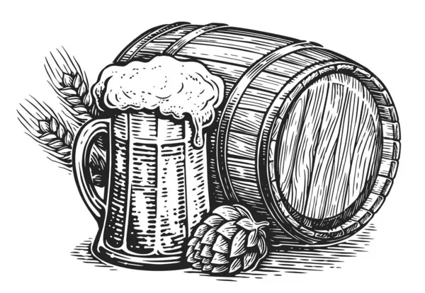 手描きのマグカップとビールの樽 醸造所イラストスケッチスタイル — ストック写真