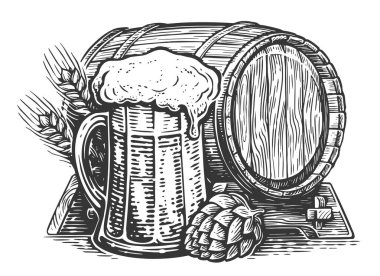 Elle çizilmiş bira bardağı ve tahta fıçı. Klasik çizim illüstrasyon gravür biçimi