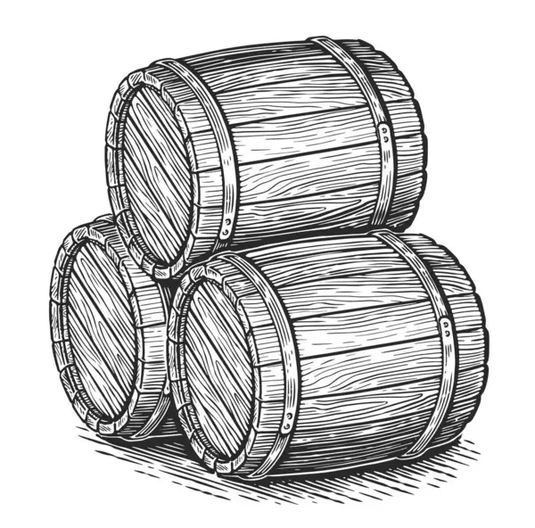 Three Wooden Casks Wine Other Alcohol Oak Barrels Sketch Vintage — Stock Vector