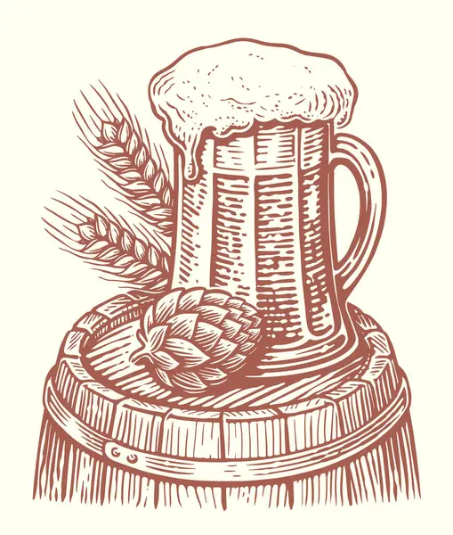 Glass Mug Beer Wooden Barrel Brewery Pub Sketch Hand Drawn — Stock Vector