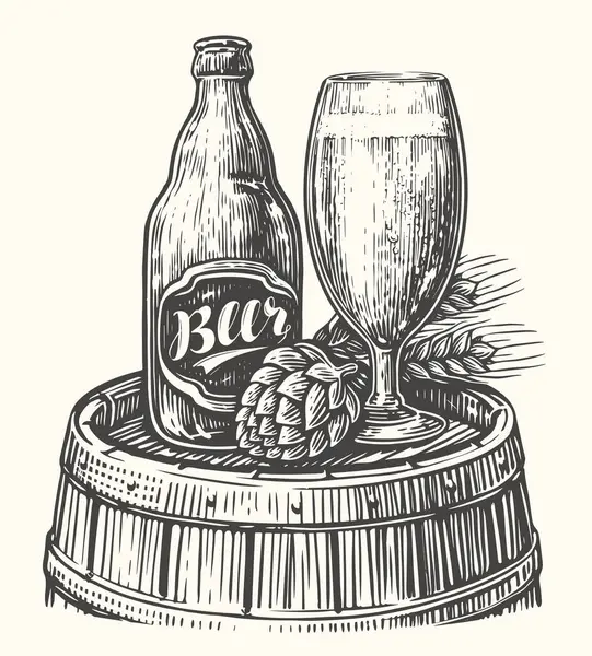 ボトルとビールのマグカップを木のケーグルに 醸造所のスケッチ 手描きヴィンテージベクターイラスト — ストックベクタ