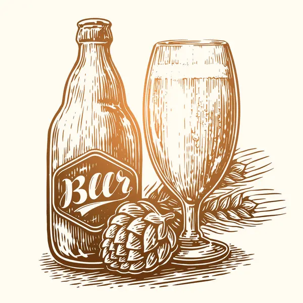 Beer Mug Glass Bottle Filled Drink Ale Vector Illustration Hand — Stock Vector