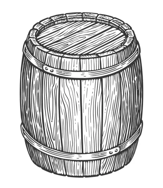 Oak Barrel Hand Drawn Wooden Cask Sketch Engraving Style Vector — Stock Vector