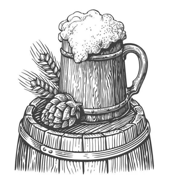 インク手描きのスタイルのビールの木製マグ 白で隔離されたベクトルイラストスケッチ — ストックベクタ