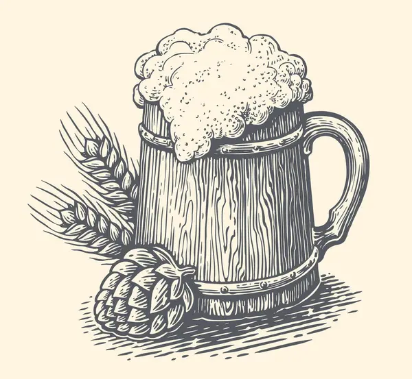 ビールを飲んだウッドマグカップ 醸造所やパブ 手描きのスケッチベクターイラスト — ストックベクタ