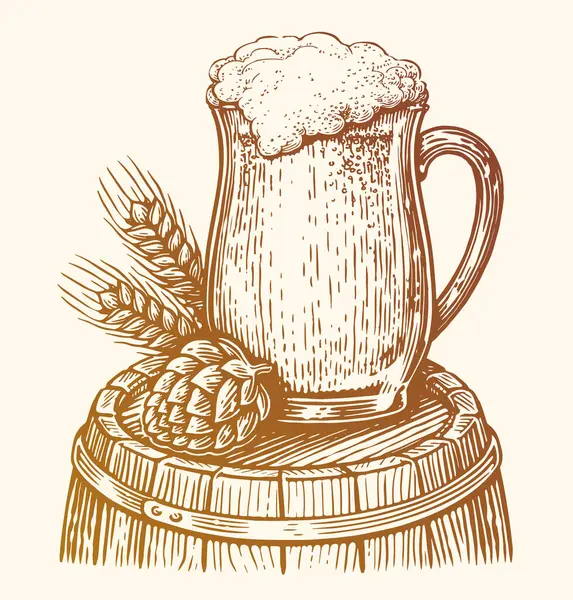 手绘玻璃杯 配啤酒 酿酒厂的草图 古董矢量图解 — 图库矢量图片#