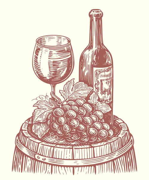 酒瓶和酒杯放在木桶上 葡萄园草图 古董矢量图解 — 图库矢量图片