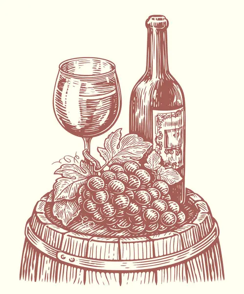 酒瓶和酒杯放在木桶上 葡萄园草图 古董矢量图解 — 图库矢量图片#