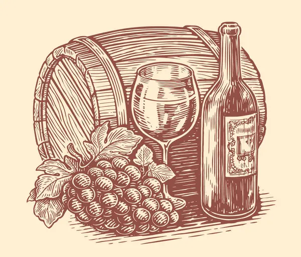 Conceito Bebida Vinho Desenho Mão Ilustração Vetorial Vintage Adega Vinha — Vetor de Stock
