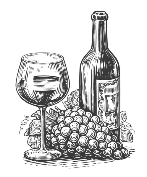 ワインのブドウ ワインボトル ワイングラスは白い背景に分離されています スケッチヴィンテージベクターイラスト — ストックベクタ