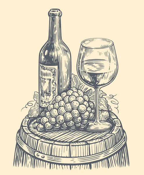 Fles Wijn Met Glas Wijn Tros Druiven Schets Vintage Vector — Stockvector