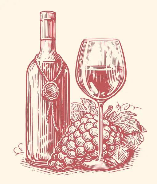 Vinflaske Vinglas Vindruer Winery Skitse Håndtegnet Vintage Vektor Illustration – Stock-vektor