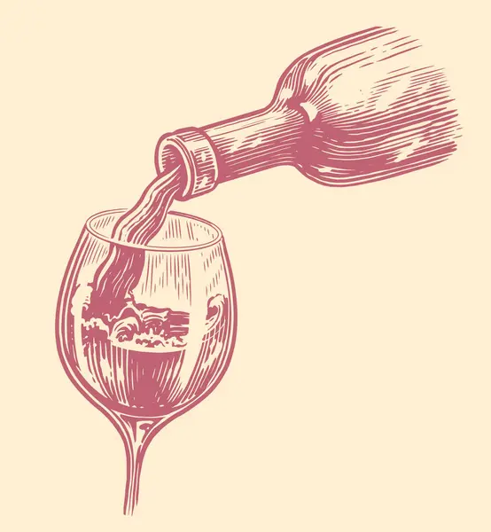 Nalít Víno Láhve Sklenice Skica Konceptu Vinařství Vintage Vector Illustration — Stockový vektor