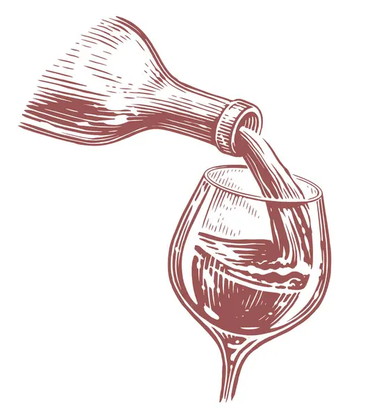 Vin Som Rinner Från Flaska Till Glas Vinäger Handritad Skiss — Stock vektor