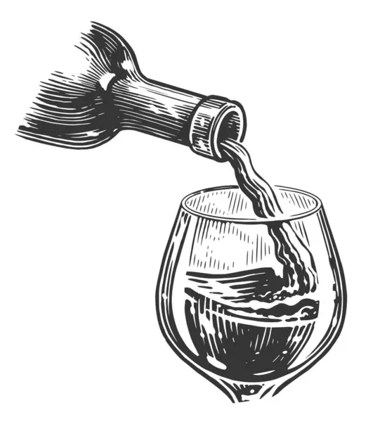 Wino Wlewa Się Butelki Szklanki Ręcznie Rysowany Styl Grawerowania Ilustracji — Wektor stockowy