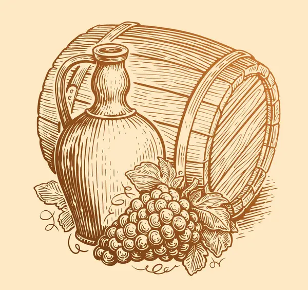 Wooden Barrel Jug Grapes Wine Concept Sketch Winery Vintage Vector — Stock Vector