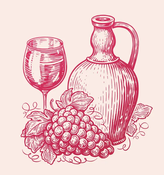 Krug Wein Trinken Mit Glas Und Trauben Stillleben Skizze Vektorillustration — Stockvektor