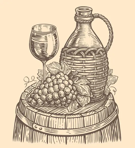 Still Life Wine Concept Jug Bottle Oak Barrel Bunch Grapes — Stock Vector