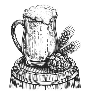 Bir bardak bira ve fıçı. El çizimi çizimi. Bar restoranı, bira fabrikası illüstrasyonu