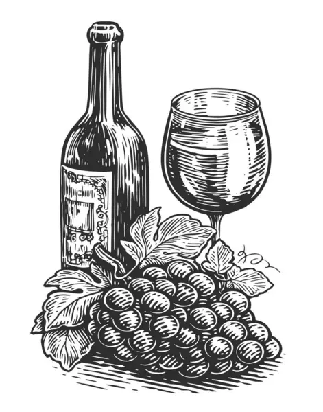 Wino Butelka Wina Winogronami Ręcznie Rysowane Vintage Rysunek Szkic Menu — Zdjęcie stockowe