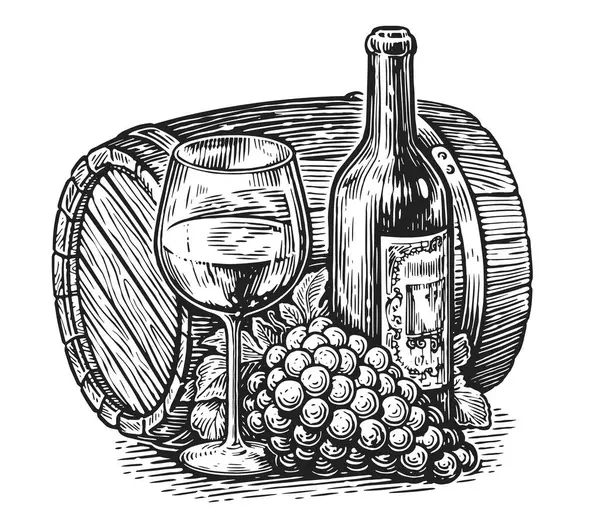 Zusammensetzung Von Flasche Glas Wein Trauben Und Fass Handgezeichnete Gravur — Stockfoto