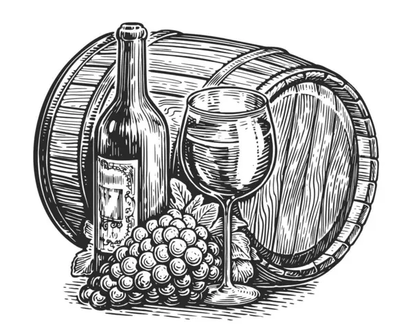 Bodegón Con Barril Copa Vino Botella Uvas Bosquejo Clipart Ilustración — Foto de Stock