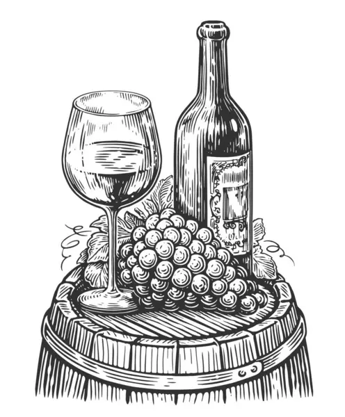 Weinstilleben Glas Mit Wein Und Flasche Vorhanden Clipart Skizze — Stockfoto